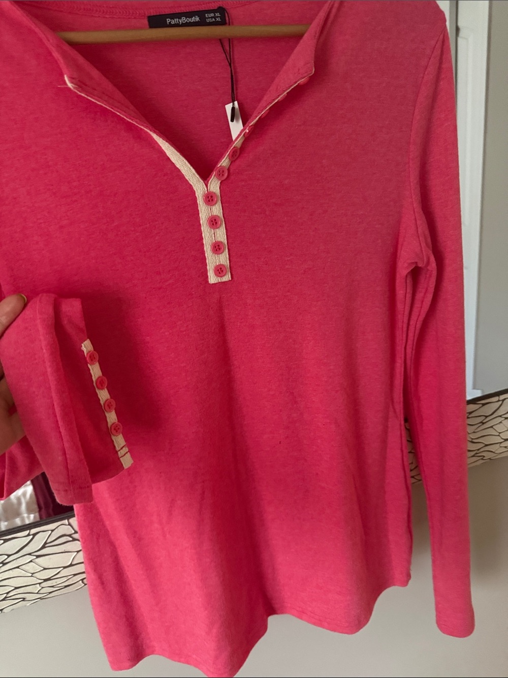 PattyBoutik Coral Pink Long Sleeve Henley with Contrast Trim so soft size XL